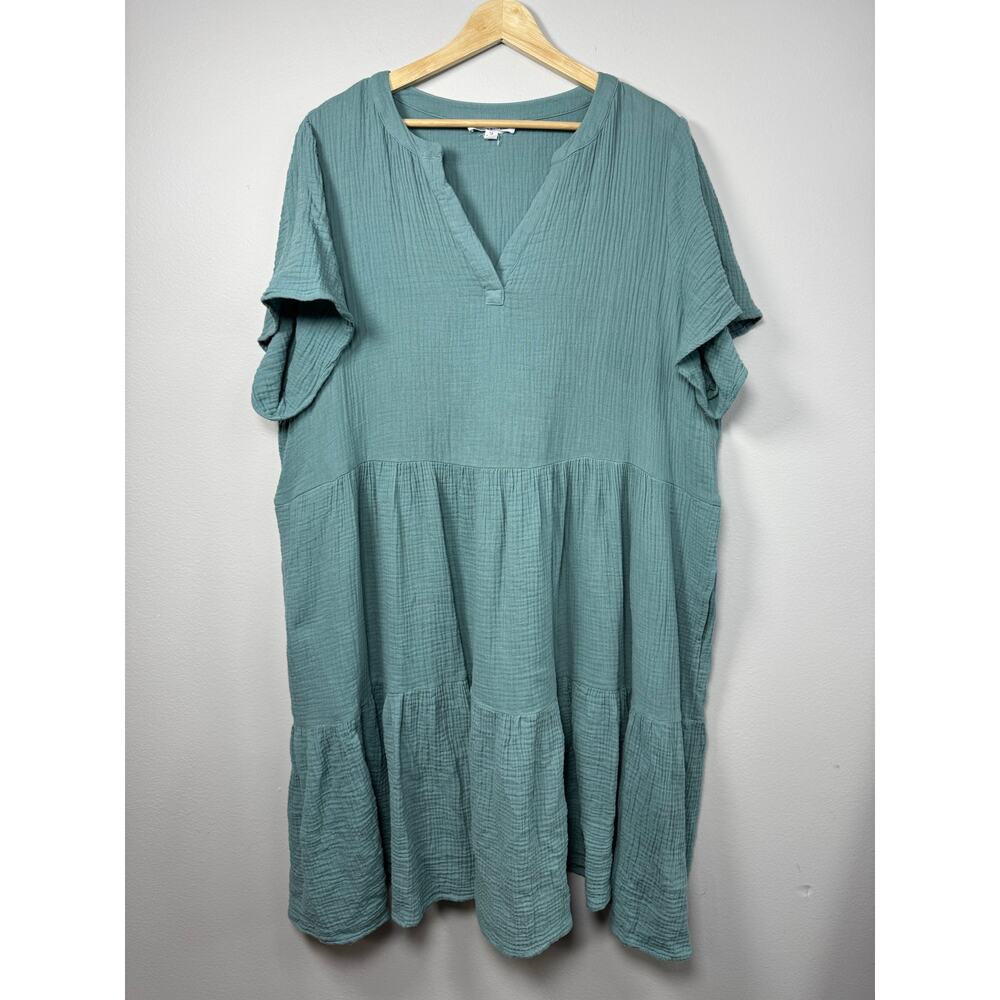 Lucky Brand Women's Dress Blue Green Tiered Short Midi Cotton Gauze Pockets 1X